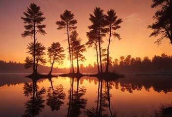 Obraz premium Silhouetted trees against a warm orange sky at sunset over a serene lake, lakes, landscape