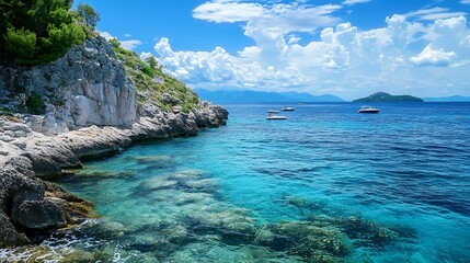 Fototapeta premium Crystal clear turquoise water, rocky coastline, and boats. Scenic coastal view.