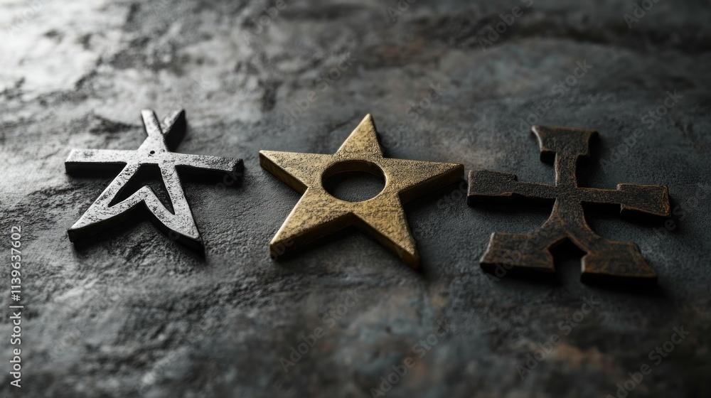 Poster Three distinct metallic symbols arranged on a textured surface.
