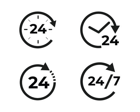 Set of 24 hours service vectorl. 24h service duration sign. 24 h discount offer. same day delivery line icon set. fast 24hr support sign collection.