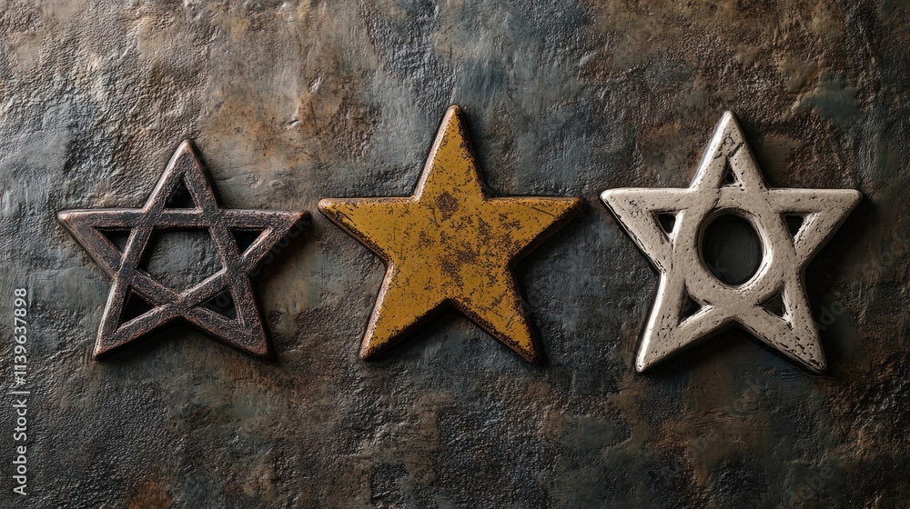 Poster three decorative stars in varying colors and textures on a textured surface.