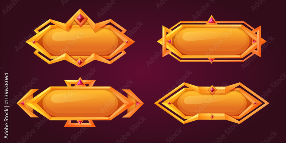 Aufkleber magic game button set. golden frames with geometric ornaments, pink gemstones, glossy metallic surfa