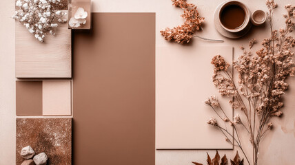 Beige-toned flat lay with paper, dried flowers, and coffee cup
