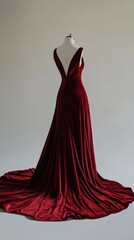 Naklejka premium A stunning evening dress in deep red velvet, with a flowing silhouette and elegant train, set against a minimalist backdrop to showcase its luxurious fabric.