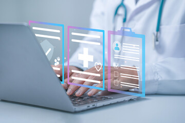 Healthcare, Medical service and Health insurance concept. Medicine doctor use laptop to review...