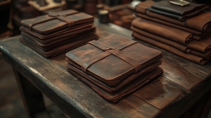 Vintage Leather Notebooks Stacked Neatly on a Rustic Wooden Table in a Cozy Workshop with Softening Natural Light Enhancing the Craftsmanship of Handmade Goods