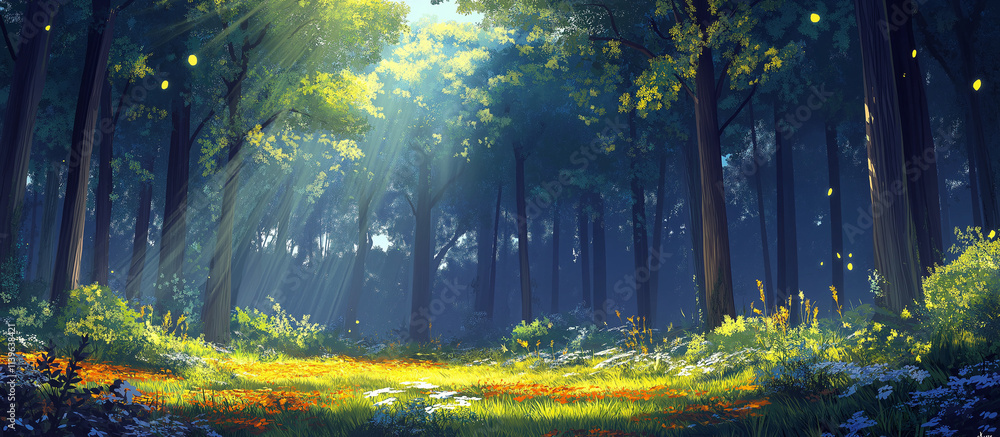 Poster panoramic view of a serene forest with sunlight filtering through tall trees, creating vibrant light