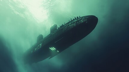 Fototapeta premium The submarine is made of high-strength steel very large, overall black metal, with a metallic gloss surface, Deep in the ocean, light shines through the water, creating a soft natural shadow. 