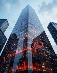 Naklejka premium A digital skyscraper with charts and graphs reflecting on its surface
