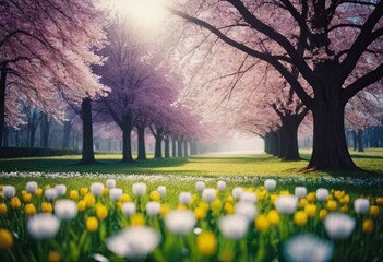 Obraz premium blooming spring park country landscape , realistic illustration