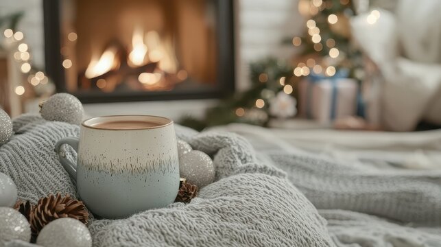 A cozy winter scene with a cup of hot cocoa sitting next to a fireplace, surrounded by warm blankets and holiday decorations. This inviting image is perfect for content related to winter, holidays, 