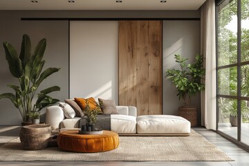 Modern living room with large sectional sofa, wooden wall panel, and potted plants.