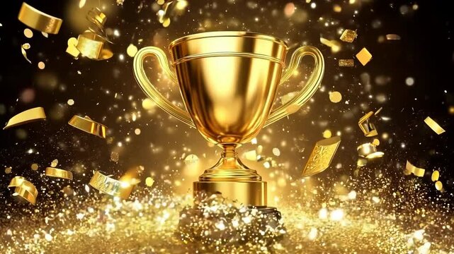 A gold cup with a gold rim sits on a table covered in gold confetti. The cup is the winner of a competition, and the confetti represents the celebration and excitement of the victory