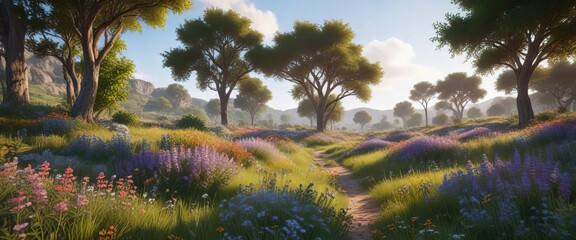 Overgrown trees and shrubs cover a wide area of the landscape, with wildflowers blooming, grasslands, hills