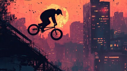 Urban BMX Sunset Silhouette: A daring cyclist leaps over a cityscape at sunset, creating a dramatic silhouette against the vibrant orange sky.