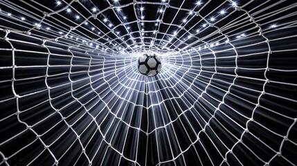 Obraz premium Illuminated soccer goal net with ball in the center.