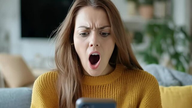 A woman is sitting on a couch with a cell phone in her hand. She is looking at the screen with an excited expression on her face