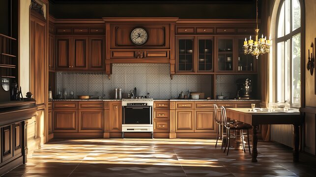 Warmly Lit Wooden Kitchen Interior Wide Shot Photo. AI Generated