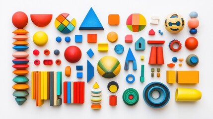 Fototapeta premium A variety of colorful wooden building toys and shapes in a range of bright colors, arranged on a white background for an educational play experience.