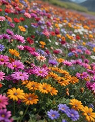 Insect collecting pollen from a field of colorful flowers, fields, meadow