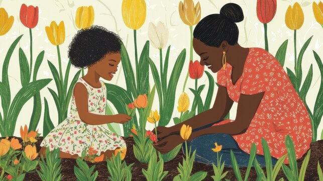 A mother and her daughter planting flowers in the garden, enjoying quality time together. This heartwarming scene is ideal for family, nature, and parenting content. 