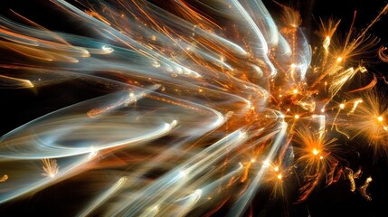 Fototapeta premium A vibrant fireworks display with golden bursts lighting up the night sky, creating an abstract blur of shining lights, perfect for New Year Eve celebrations.