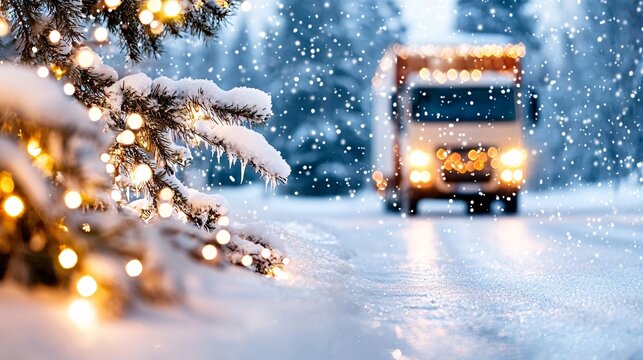 Delivery freight package New Year concept. A snowy scene featuring a truck passing a beautifully lit Christmas tree, creating a festive winter atmosphere.