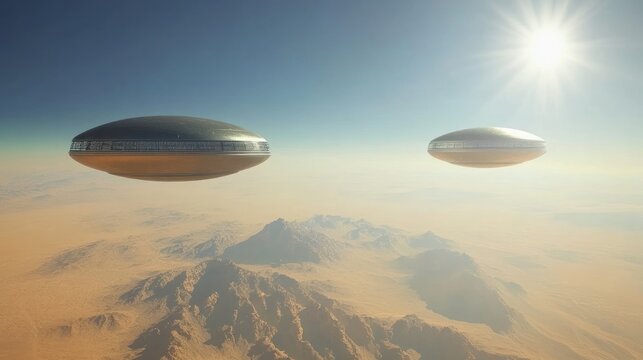 Two UFOs hovering over a desert landscape under a bright sun.