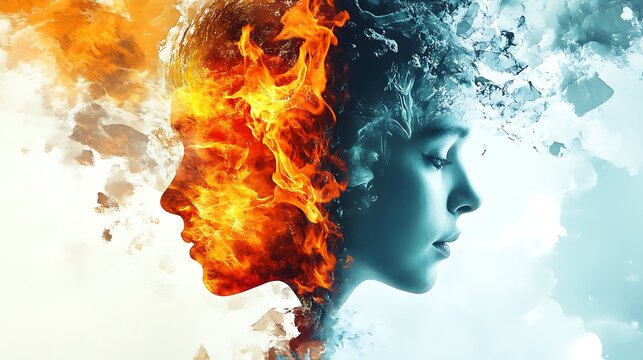 Fiery faces merge chillingly in fantasy inspired digital painting. AI Generated