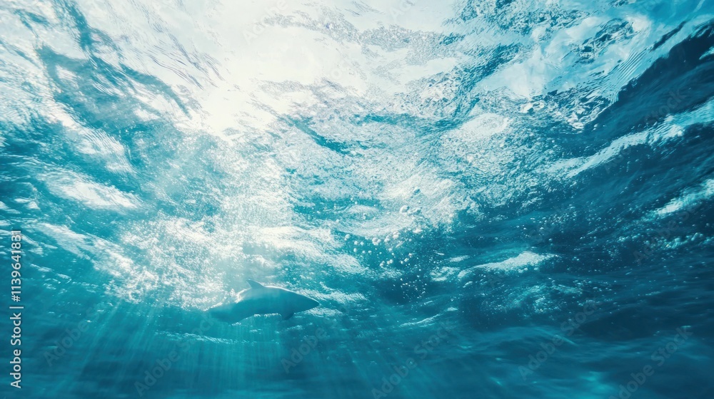 Poster underwater scene with sunlight filtering through water, creating a serene atmosphere.