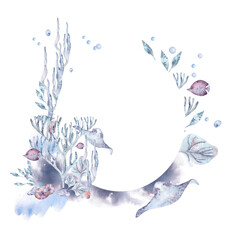 Wreath seaweeds monochrome with coral, fish, and sea plants on watercolor stains isolated . Marine frame with stingray, shells and fantasy flora in pale blue and pink hand drawn. Nautical design.