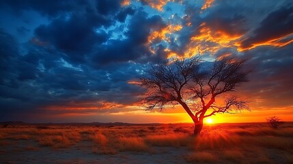 Obraz premium Fiery Sunset over the African Savanna: Lone Tree Silhouette at Dusk. AI Generated