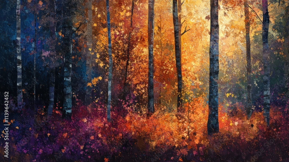 Poster vibrant autumn forest with colorful leaves and sunlight filtering through trees.