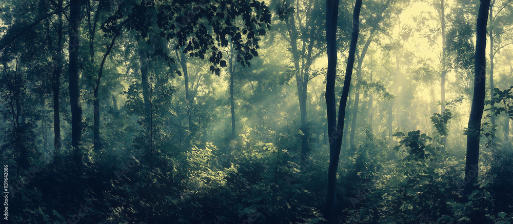 Poster panoramic view of a serene forest with sunlight filtering through tall trees, creating vibrant light
