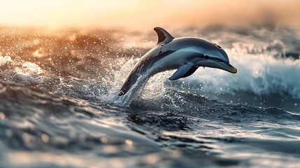 Fototapeta premium Dolphin jumping out of the water at sunset. Concept of marine wildlife, freedom, and ocean beauty.