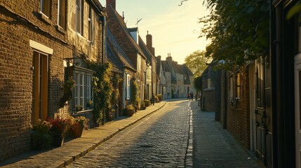 Fototapeta premium Cobblestone street lined with historic houses at sunset. Tranquil, charming, and picturesque English village lane. Warm light illuminates the pathway.