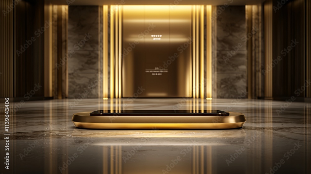 Poster a luxurious smartphone placed on a marble countertop, displaying an elegant login interface with sof