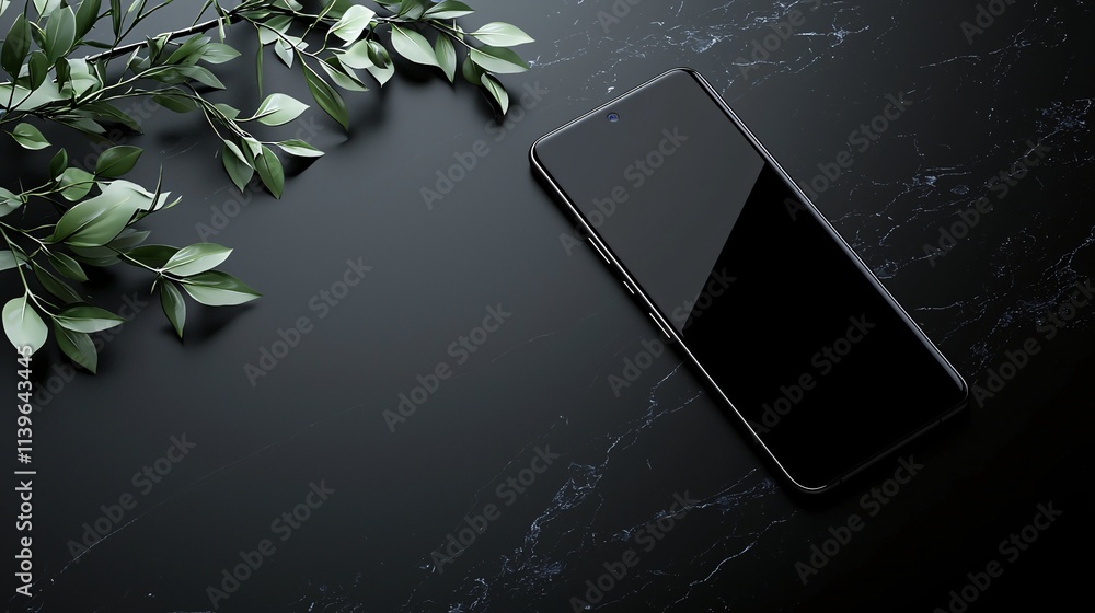 Poster a luxurious smartphone placed on a marble countertop, displaying an elegant login interface with sof
