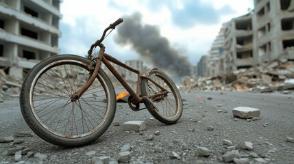 Fototapeta premium a single, rusted bicycle lying on its side in a bombed-out urban street, with smoke rising in the background 