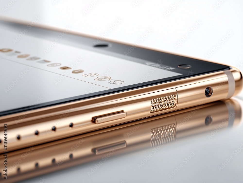 Poster a close-up of a luxurious smartphone's edge, with soft reflections and an active login interface add