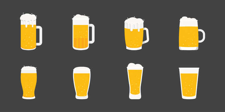 Different types beer glasses and mugs set. Various types of beer in glasses. Color flat vector illustration.