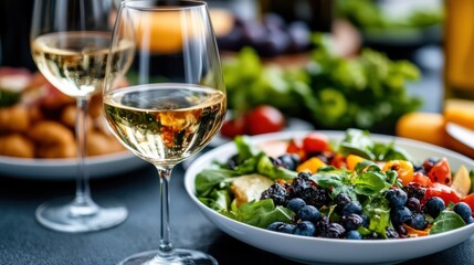 A tasting menu of fresh salad and elegant white wine glasses set amid lush greenery, reflecting a serene outdoor dining experience.