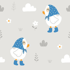 Seamless pattern of cute little ducks wearing head scarf, boots ,with cloud, leaves and flowers on gray background for baby textiles, apparel, nursery decor, gift wrapping paper.