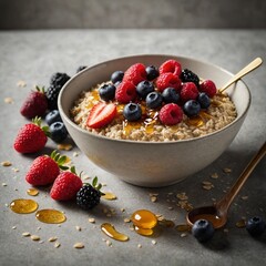 A bowl of warm oatmeal topped with fresh berries and a drizzle of honey.