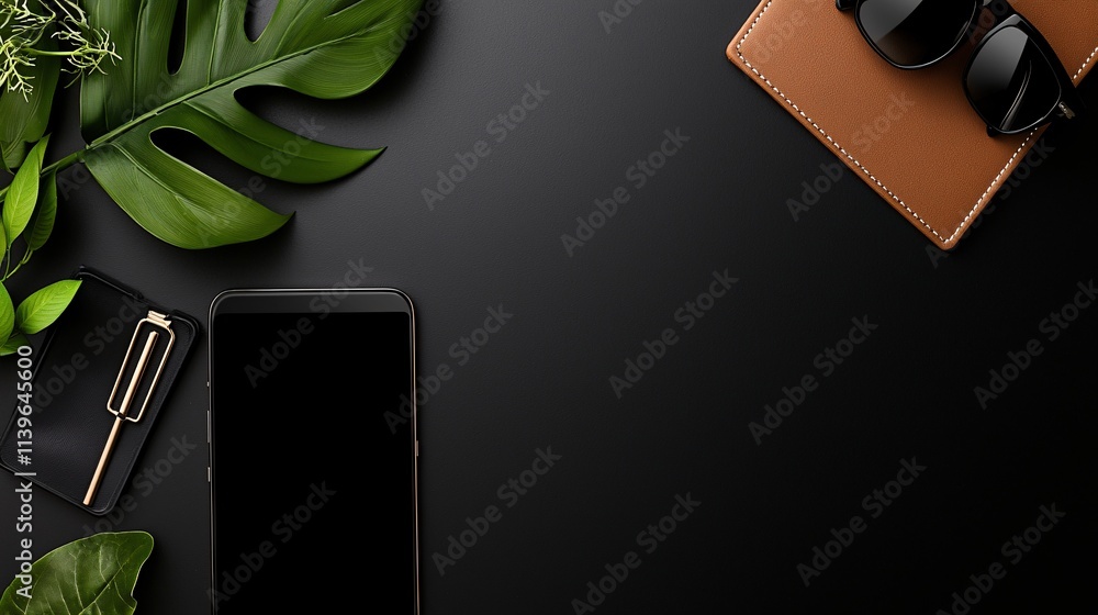 Poster a top-down view of a high-end smartphone with an elegant user interface, surrounded by minimalist st