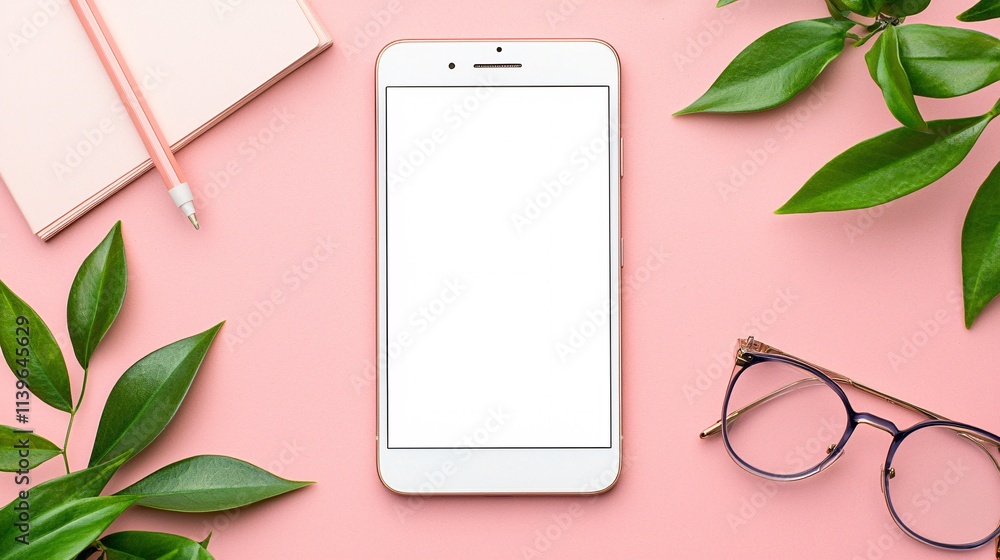 Poster a top-down view of a high-end smartphone with an elegant user interface, surrounded by minimalist st