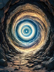 Mystical Glowing Portal in Stone Tunnel, Fantasy Sci-Fi Concept Illustration phone wallpaper