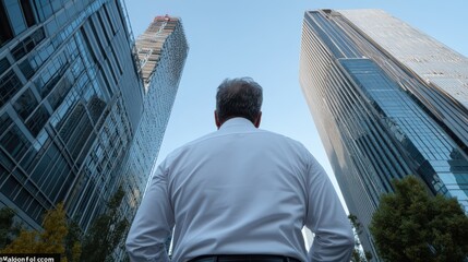 Fototapeta premium A man stands with confidence, gazing up at towering skyscrapers under a clear sky, symbolizing ambition and the pursuit of success.