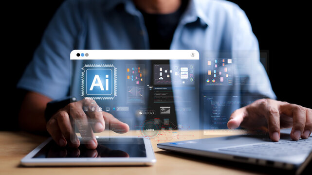 AI Artificial Intelligence. Businessman using AI technology for data analysis, coding computer language with digital brain, Programming Web Development Coding Concept. - Powered by Adobe