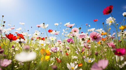 Fototapeta premium A vibrant meadow adorned with colorful wildflowers and bathed in warm sunlight invites contemplation under a clear blue sky.
